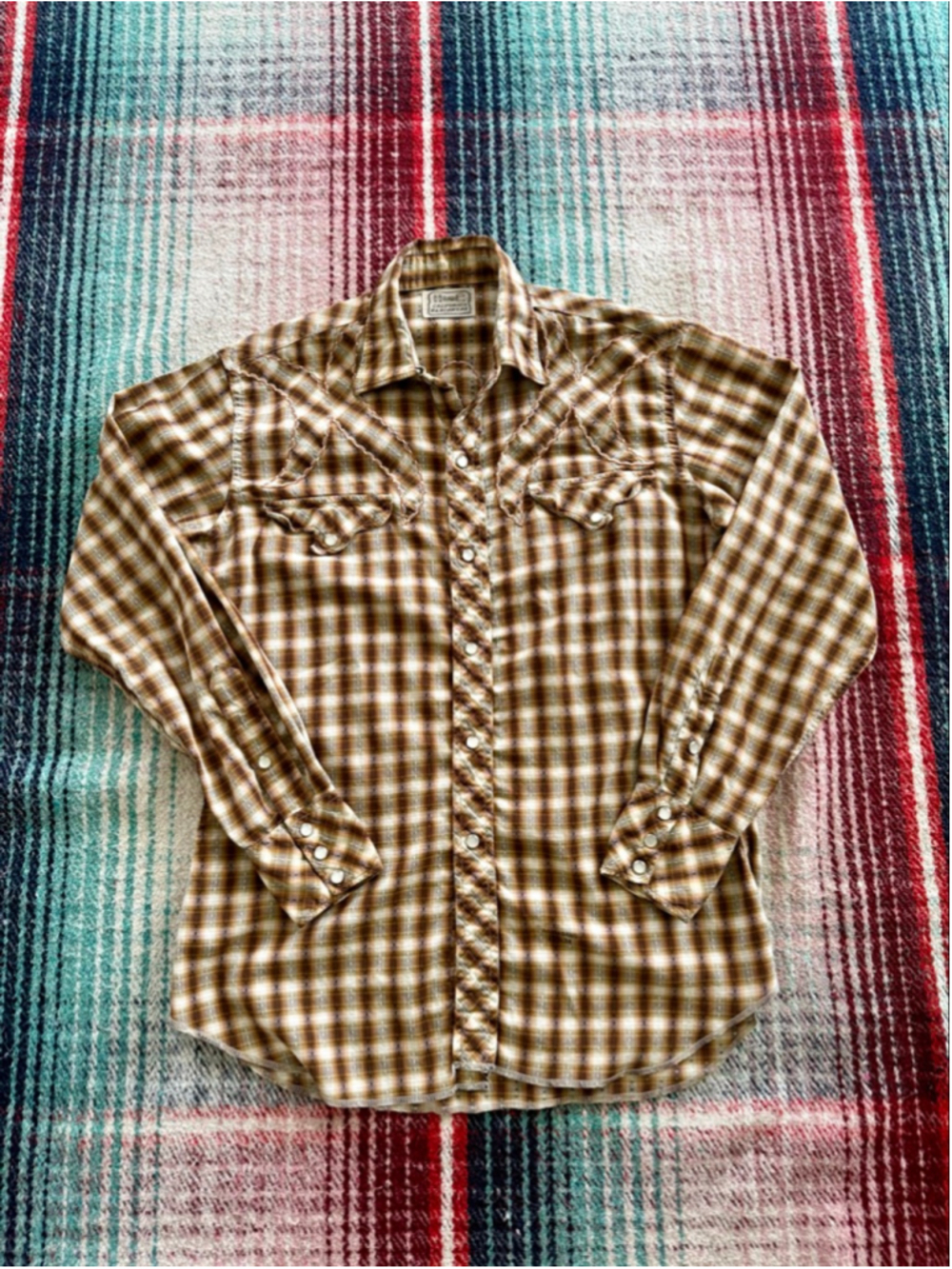 70s H Bar C California Ranchwear Brown Plaid Pearl Snap Western Shirt S